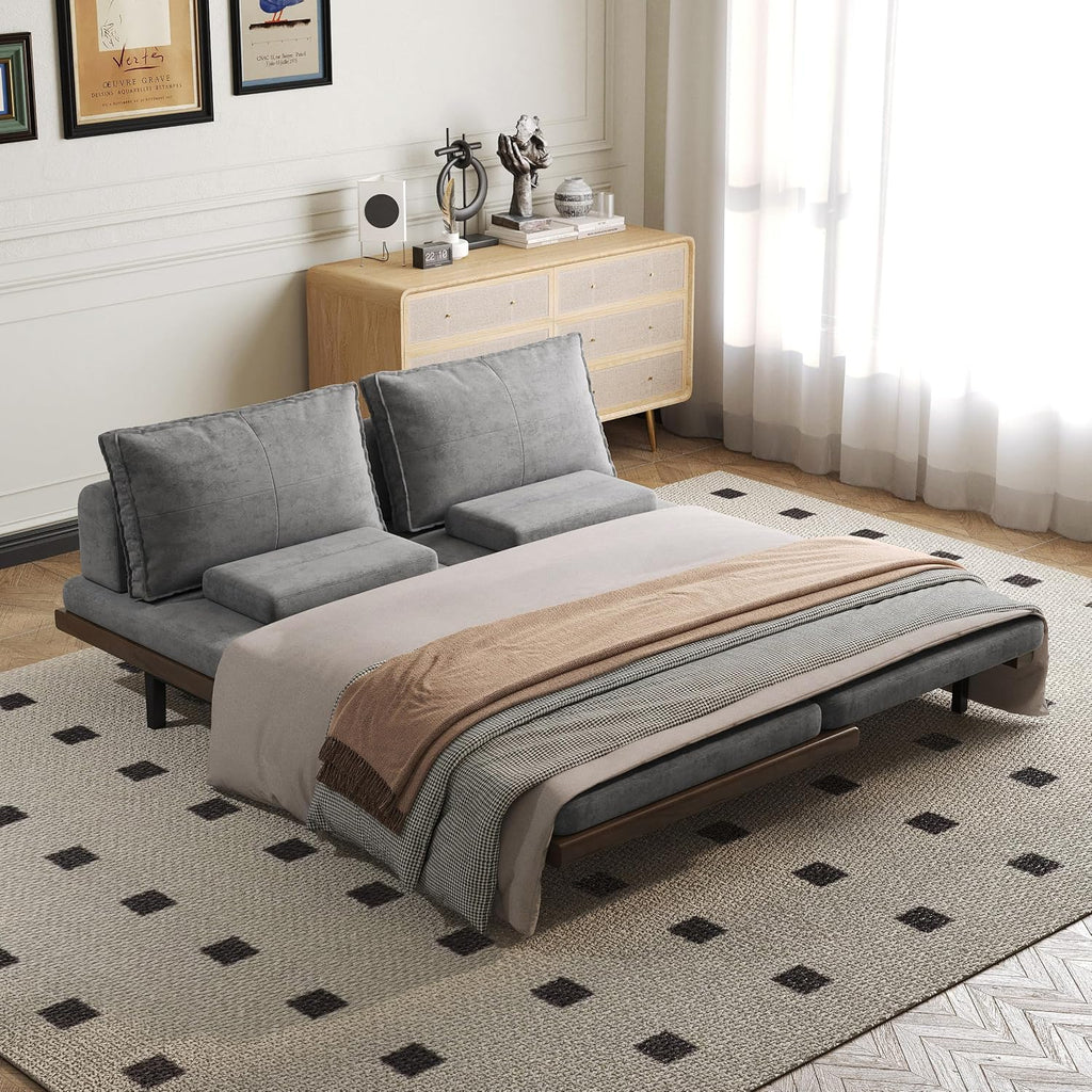 homary Modern Pull Out Sofa Bed Khaki Sleeper Sofa 78.7'' Mid Century Wood Convertible Sofa with Pull Out Bed Cotton & Linen (Gray)