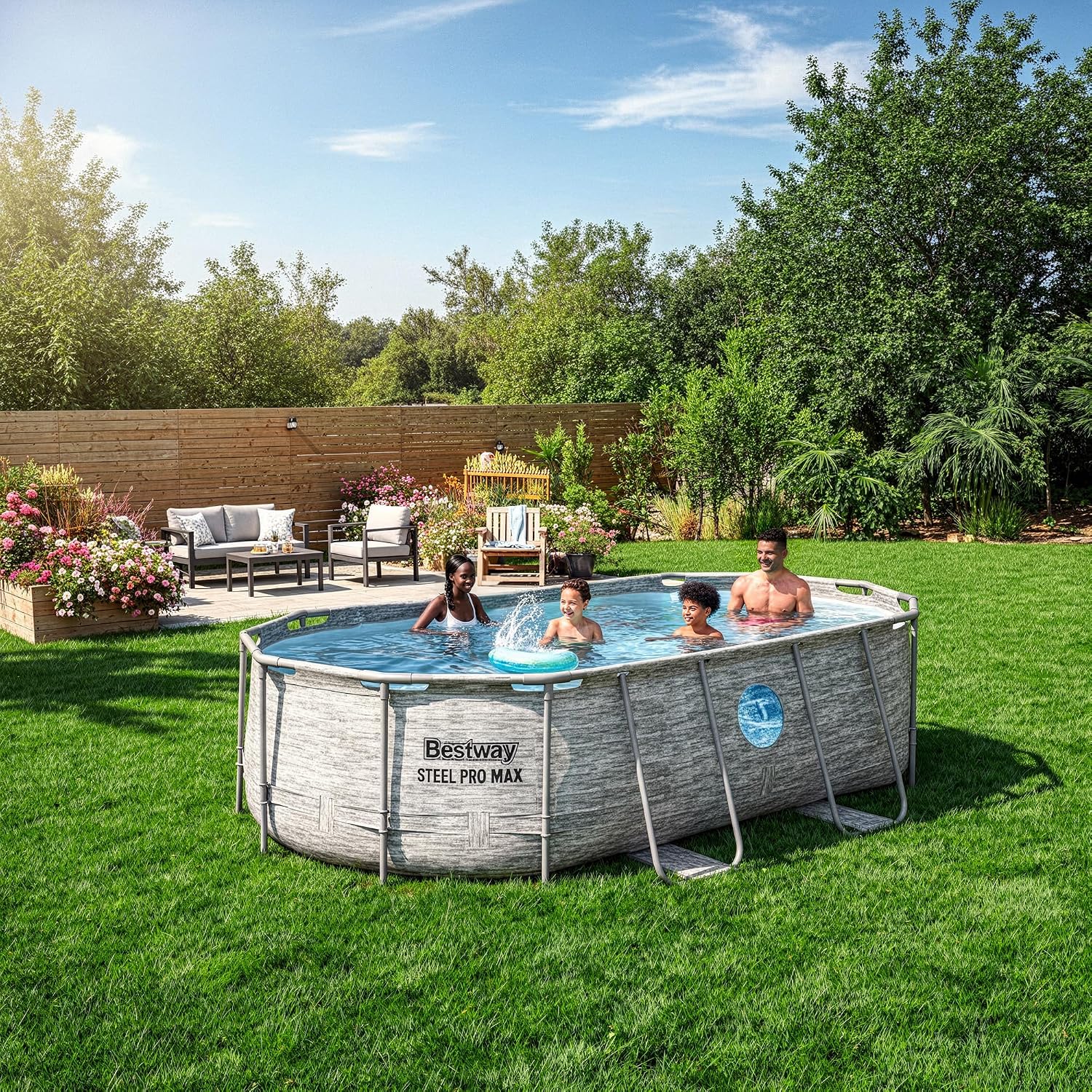 Bestway Power Steel Swim Vista 14' x 8'2' x 39.5' Above Ground Pool, Oval Metal Frame Outdoor Swimming Pool Set with Filter Pump, Ladder, and Cover