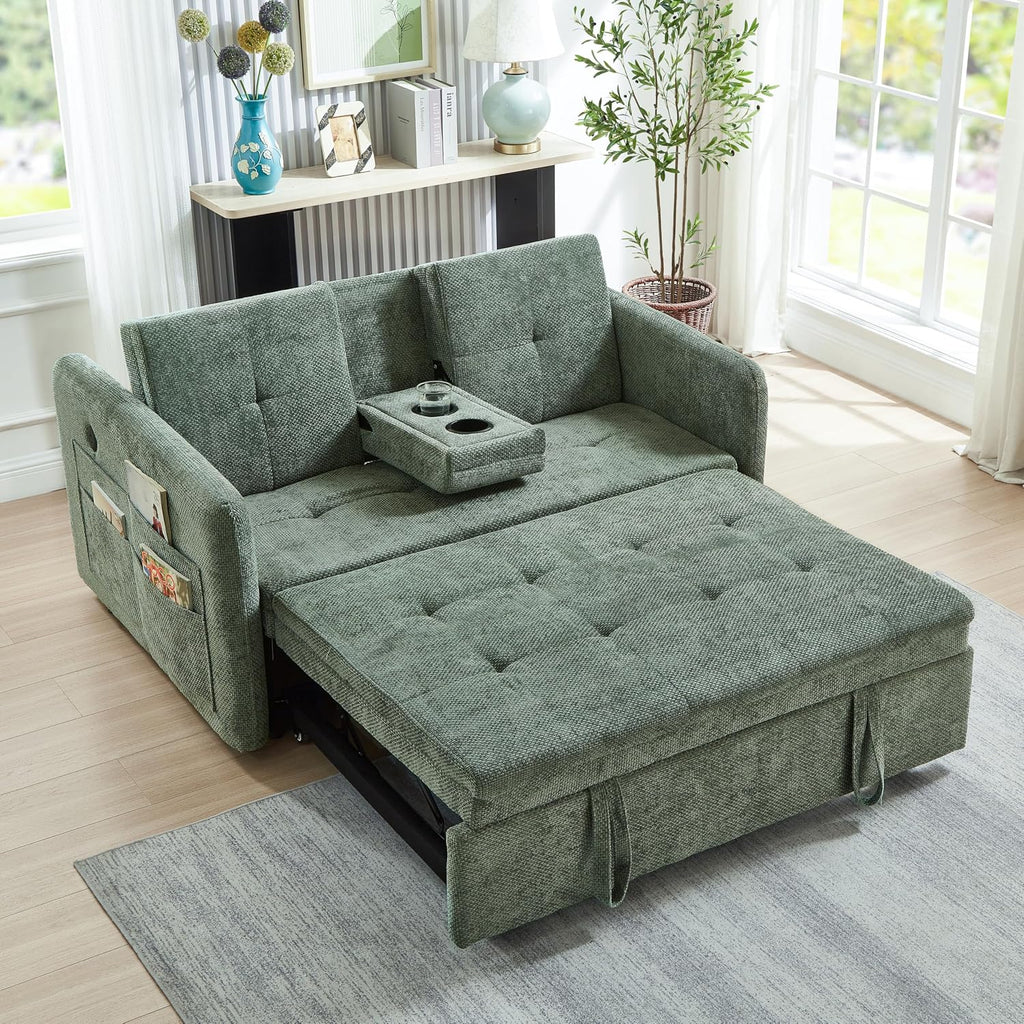 57.48' Convertible Sofa Bed with Cup Holder, Pull Out Sleeper Sofa Bed with USB Charging Ports, 3 in 1 Convertible Sleeper Sofa Bed for Living Room, Apartment, Bedroom, RV, Green