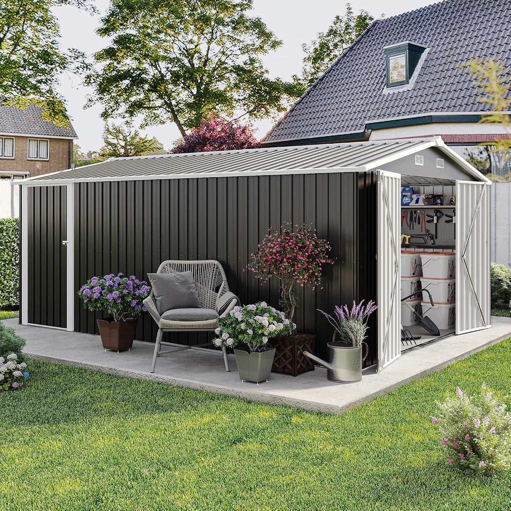 YOPTO 10x14 FT Outdoor Storage Shed, Extra Large Metal Garden Shed with Waterproof Roof, 4 Vents and 3 Lockable Doors,All-Weather Tool Shed Storage House for Backyard, Patio, Lawn,Dark Grey