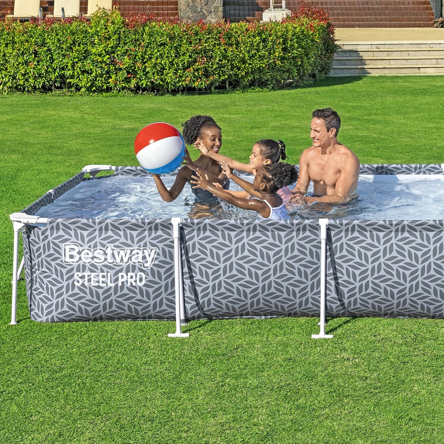 Bestway Steel Pro 12' x 6' 7' x 26' Rectangle Above Ground Outdoor Swimming Pool Set with DuraPlus Liner and FrameLink System, Gray