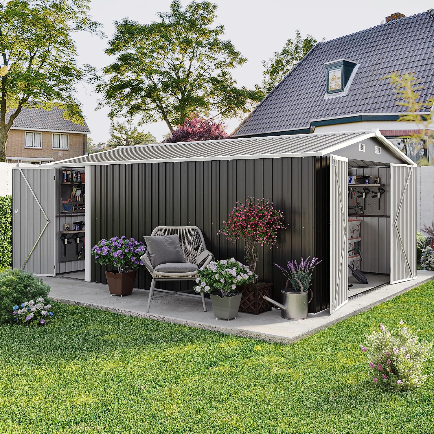 KEIKI 10x 14 FT Metal Storage Shed Outdoor, Large Garden Shed with Roof & Lockable Doors, Utility Tool Sheds Frame & 4 Vents for Patio Backyard Bicycles Storage House, All Weather Use, Dark Grey