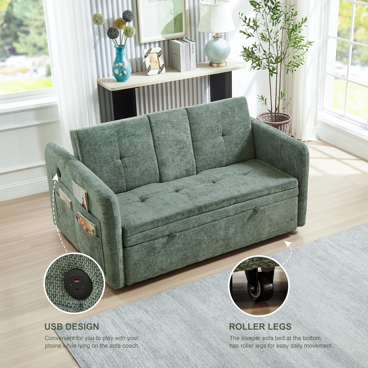 57.48' Convertible Sofa Bed with Cup Holder, Pull Out Sleeper Sofa Bed with USB Charging Ports, 3 in 1 Convertible Sleeper Sofa Bed for Living Room, Apartment, Bedroom, RV, Green