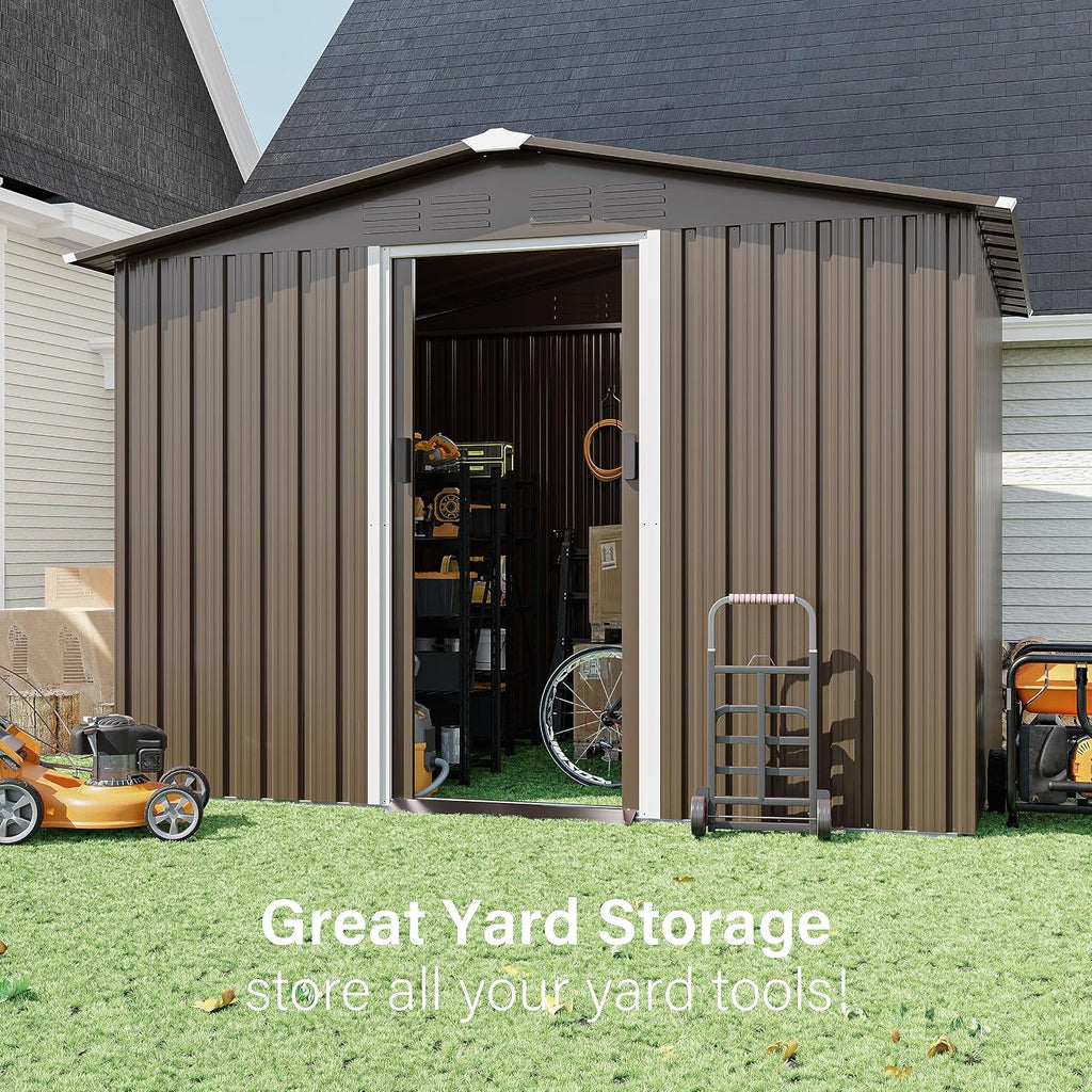 8FT x 6FT Outdoor Storage Shed,Waterproof Lockable Door Metal Tool Shed with Sliding Door and Air Vents,Storage House for Gardening Tools,Metal Storage Shed for Garden,Backyard,Lawn