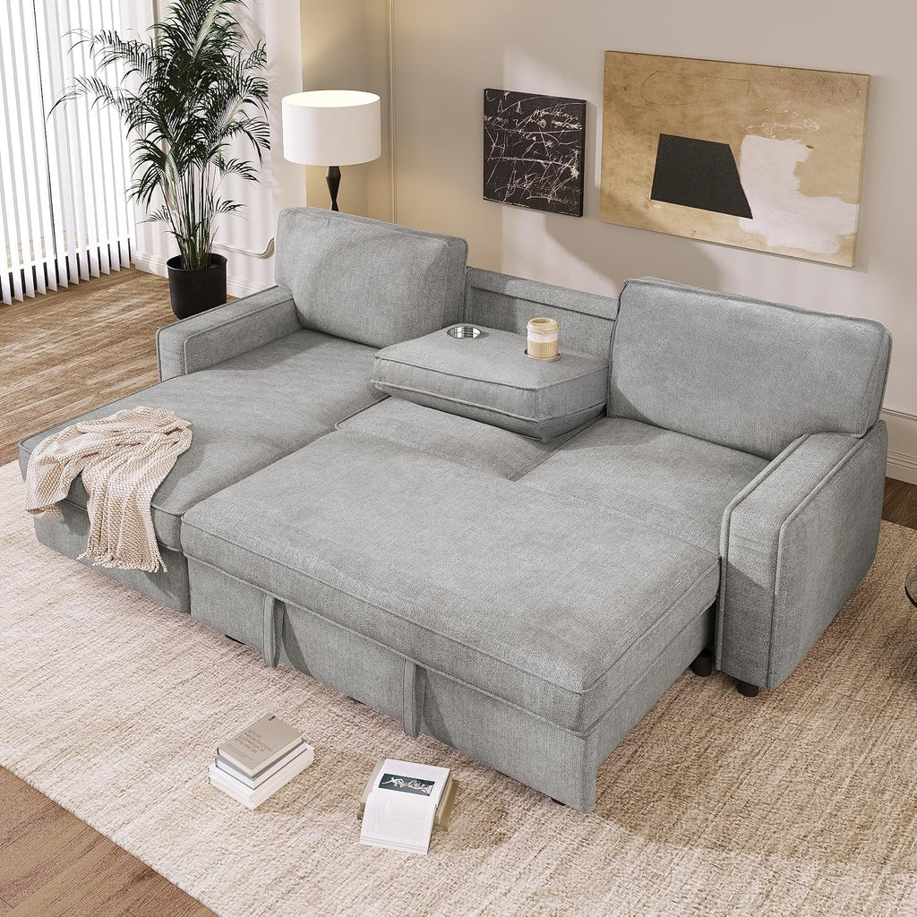 LUMISOL 89' Convertible Sleeper Sofa Bed, Modern L-Shaped Sectional Sofa Pull Out Couch with Chaise, Chenille Sofa Bed with Cup Holder, USB Ports for Living Room, Small Apartment, Gray