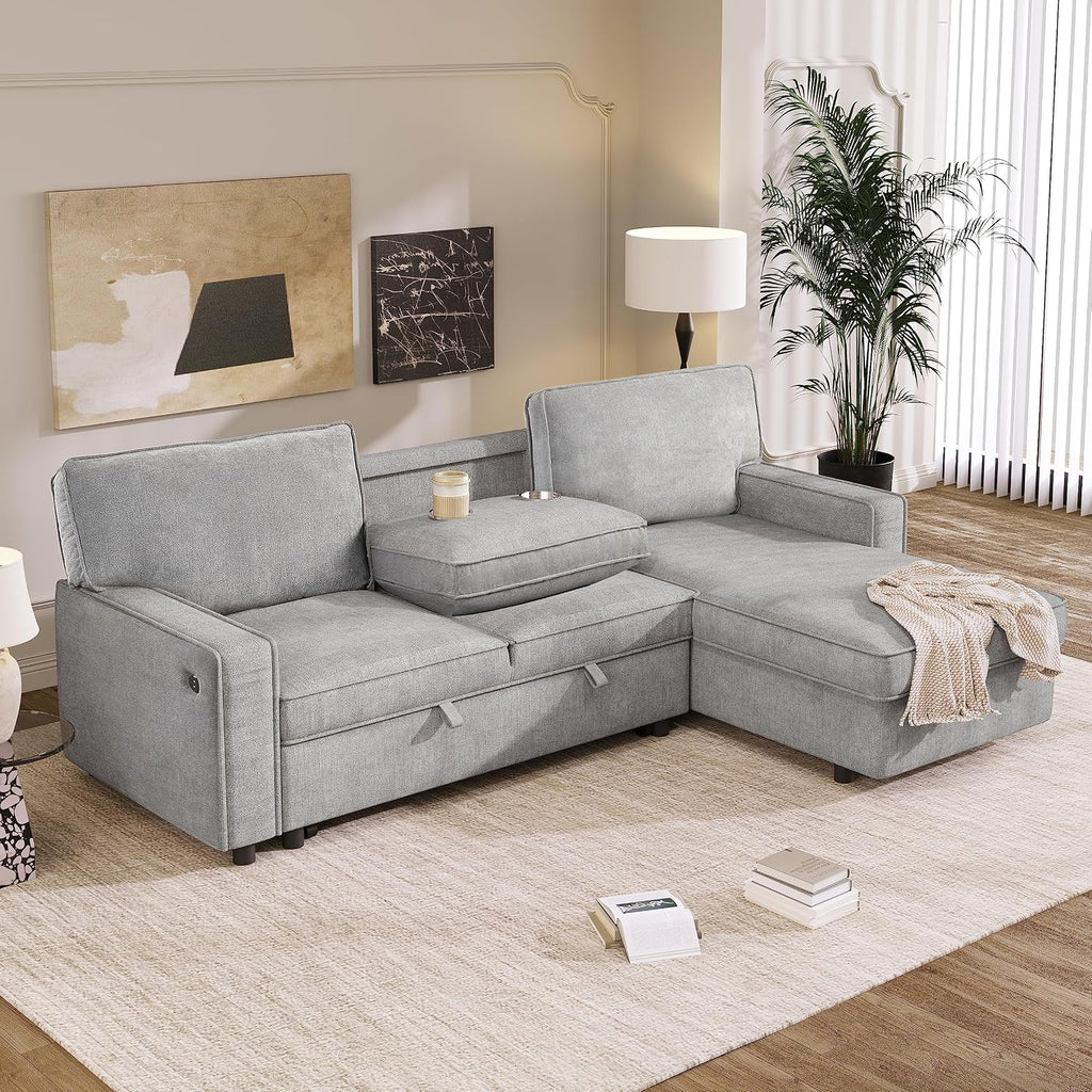 LUMISOL 89' Convertible Sleeper Sofa Bed, Modern L-Shaped Sectional Sofa Pull Out Couch with Chaise, Chenille Sofa Bed with Cup Holder, USB Ports for Living Room, Small Apartment, Gray