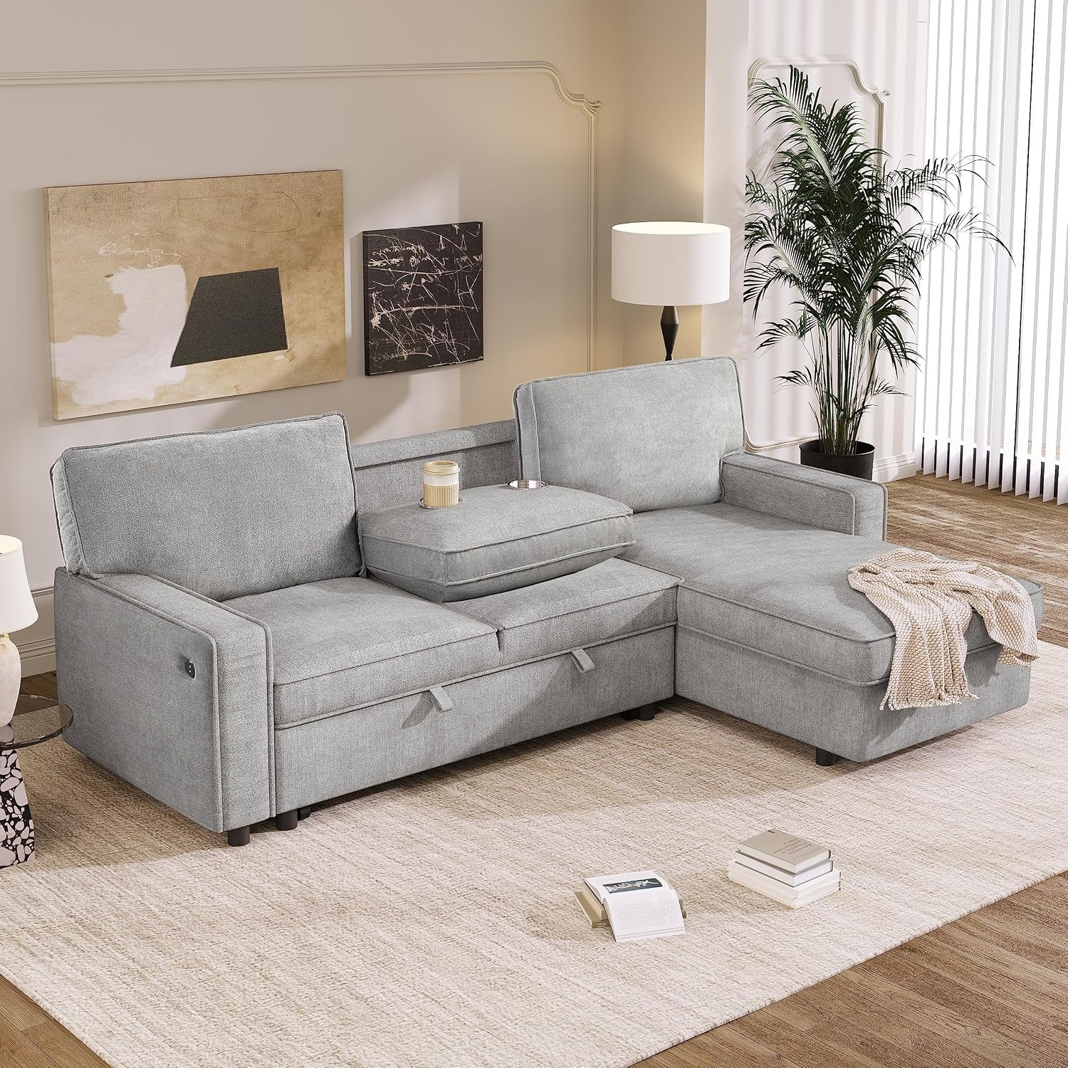 LUMISOL 89' Convertible Sleeper Sofa Bed, Modern L-Shaped Sectional Sofa Pull Out Couch with Chaise, Chenille Sofa Bed with Cup Holder, USB Ports for Living Room, Small Apartment, Gray