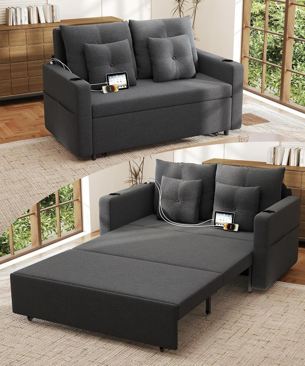 Krcix 3 in 1 Sofa Bed, 56 Inch Convertible Pull Out Couch, Loveseat Sleeper Sofa with Cup Holders, USB, Sofa Couches for Living Room, Bedroom, Apartment, Dark Grey