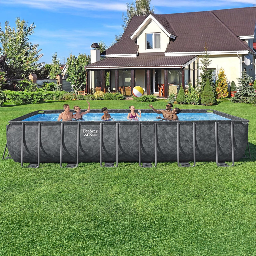 Bestway APX 365 24' x 12' x 52' Above Ground Pool, Rectangular Metal Frame Outdoor Swimming Pool Set with Sand Filter Pump, Ladder, and Cover, Dark Marble