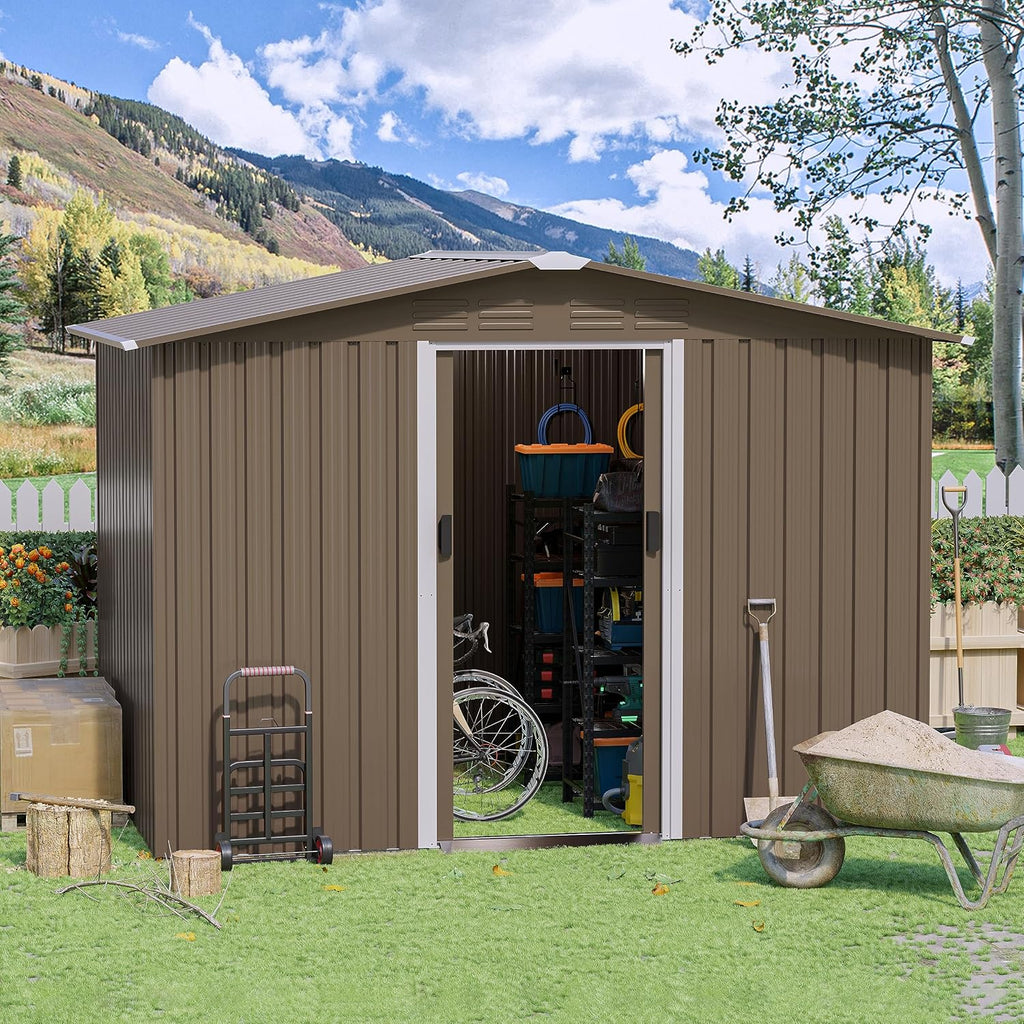 8FT x 6FT Outdoor Storage Shed,Waterproof Lockable Door Metal Tool Shed with Sliding Door and Air Vents,Storage House for Gardening Tools,Metal Storage Shed for Garden,Backyard,Lawn