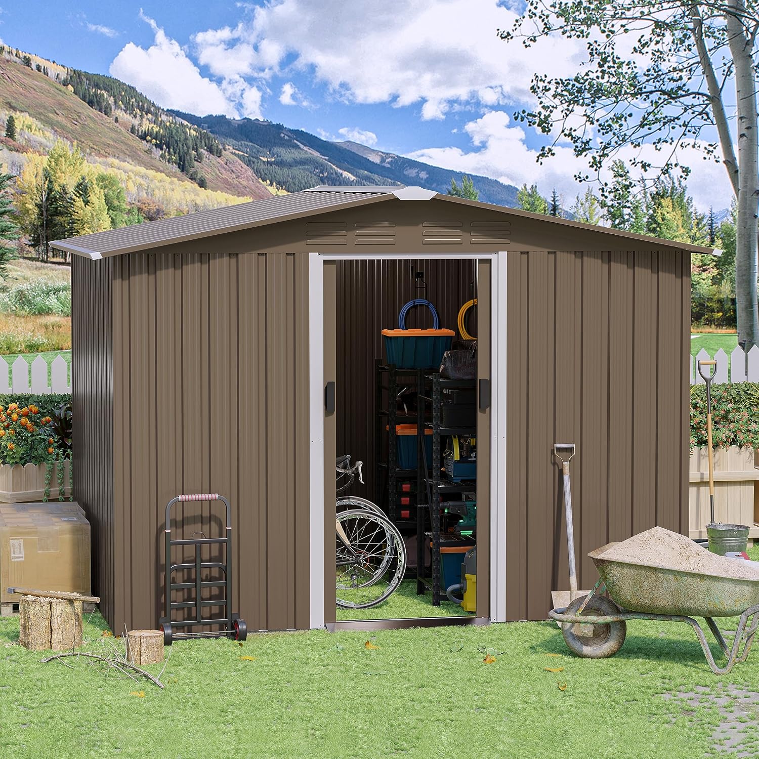 8FT x 6FT Outdoor Storage Shed,Waterproof Lockable Door Metal Tool Shed with Sliding Door and Air Vents,Storage House for Gardening Tools,Metal Storage Shed for Garden,Backyard,Lawn