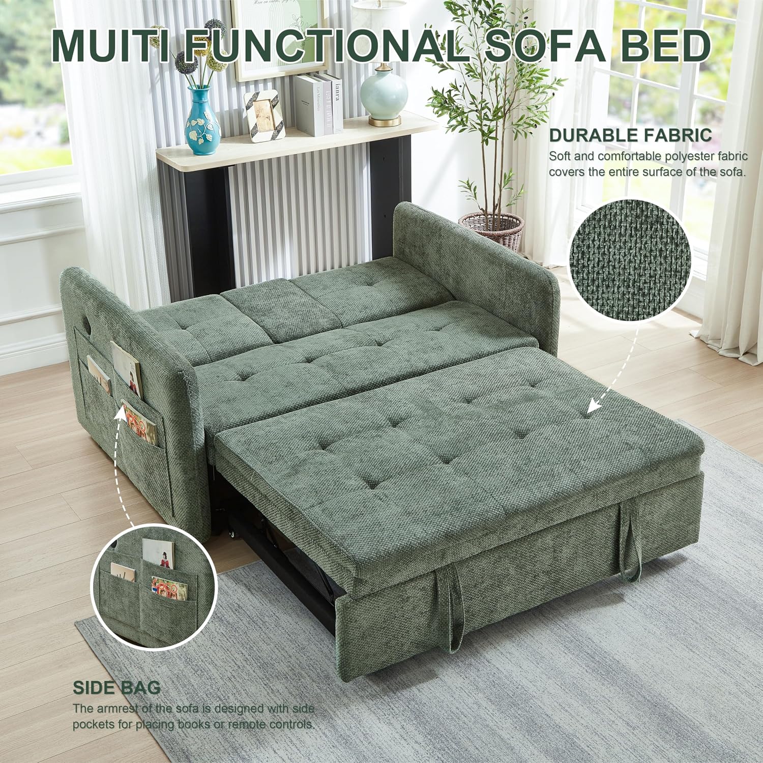 57.48' Convertible Sofa Bed with Cup Holder, Pull Out Sleeper Sofa Bed with USB Charging Ports, 3 in 1 Convertible Sleeper Sofa Bed for Living Room, Apartment, Bedroom, RV, Green